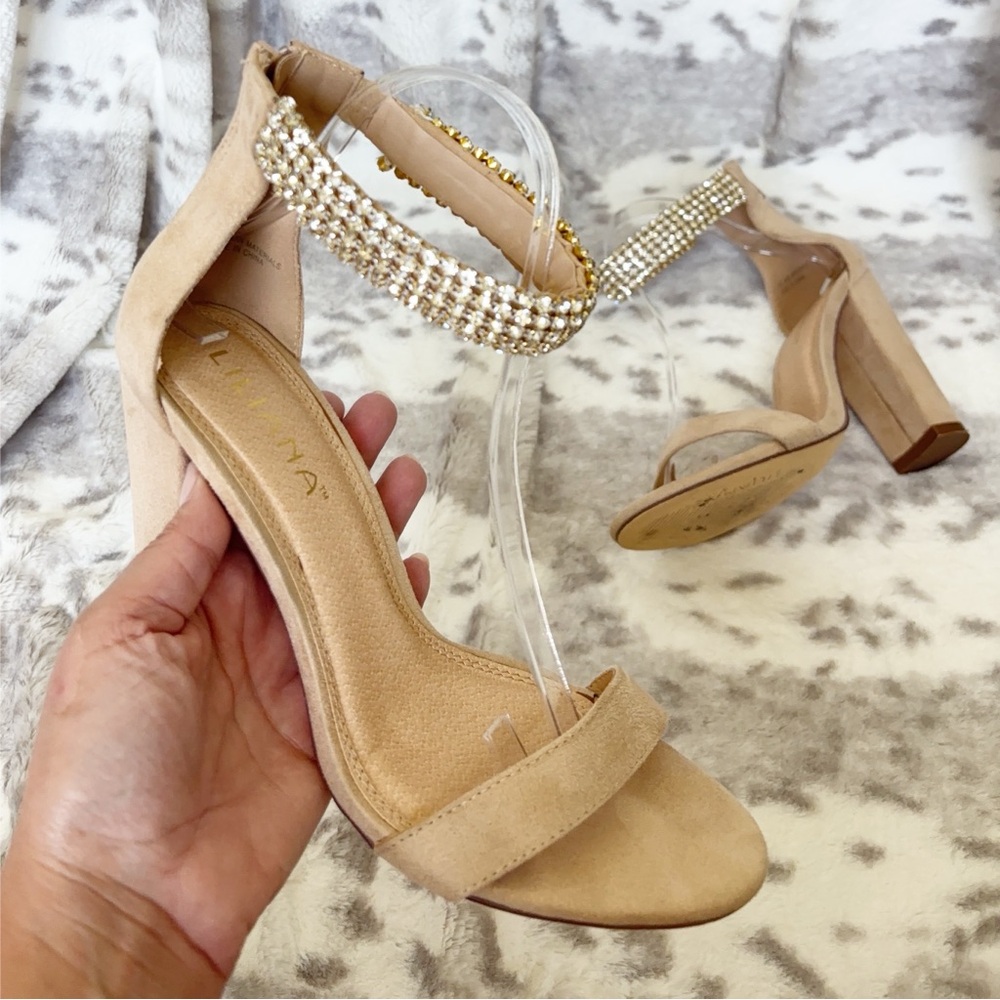 Liliana Champagne Nude Rhinestone Block Heel Sandals | Size 8 - Picture 3 of 11